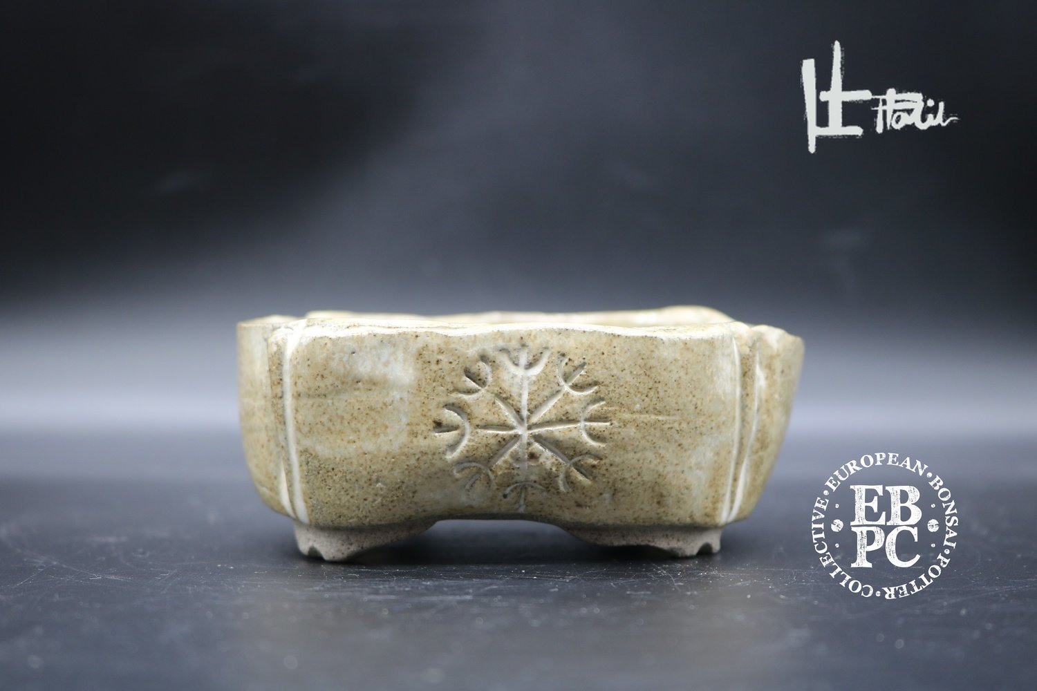 SOLD - Holvila - 'Rune stones'; 11.3cm; freeform rectangle; shohin; rune stone motif; blues