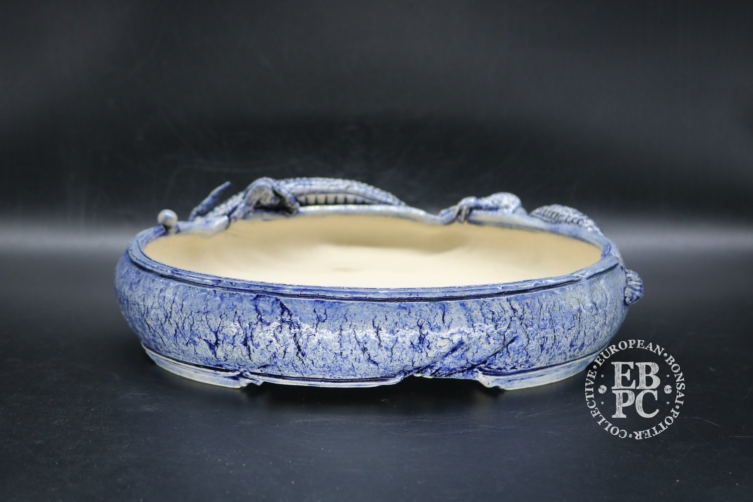 SOLD - M.B. Berenbrinker - 26.6cm; Oval; Unique; Glazed; Blue; Dragon; Carved; Marc Berenbrinker; EBPC Dual Stamped