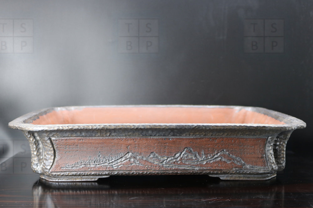 M.B. Bonsaischalen - 38.5cm; European; rectangle; part glazed; carved; landscape,
