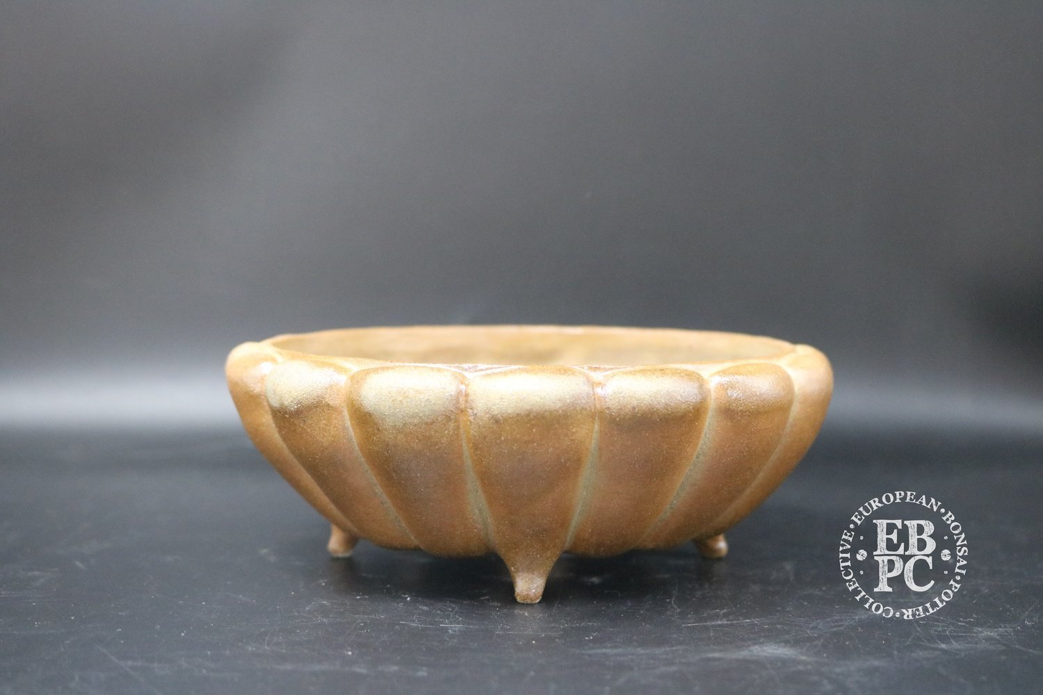 SOLD - Sansai Bonsai Pots - 17.2cm; unglazed; shohin; round; flower; brown; wood fired; Tom Benda