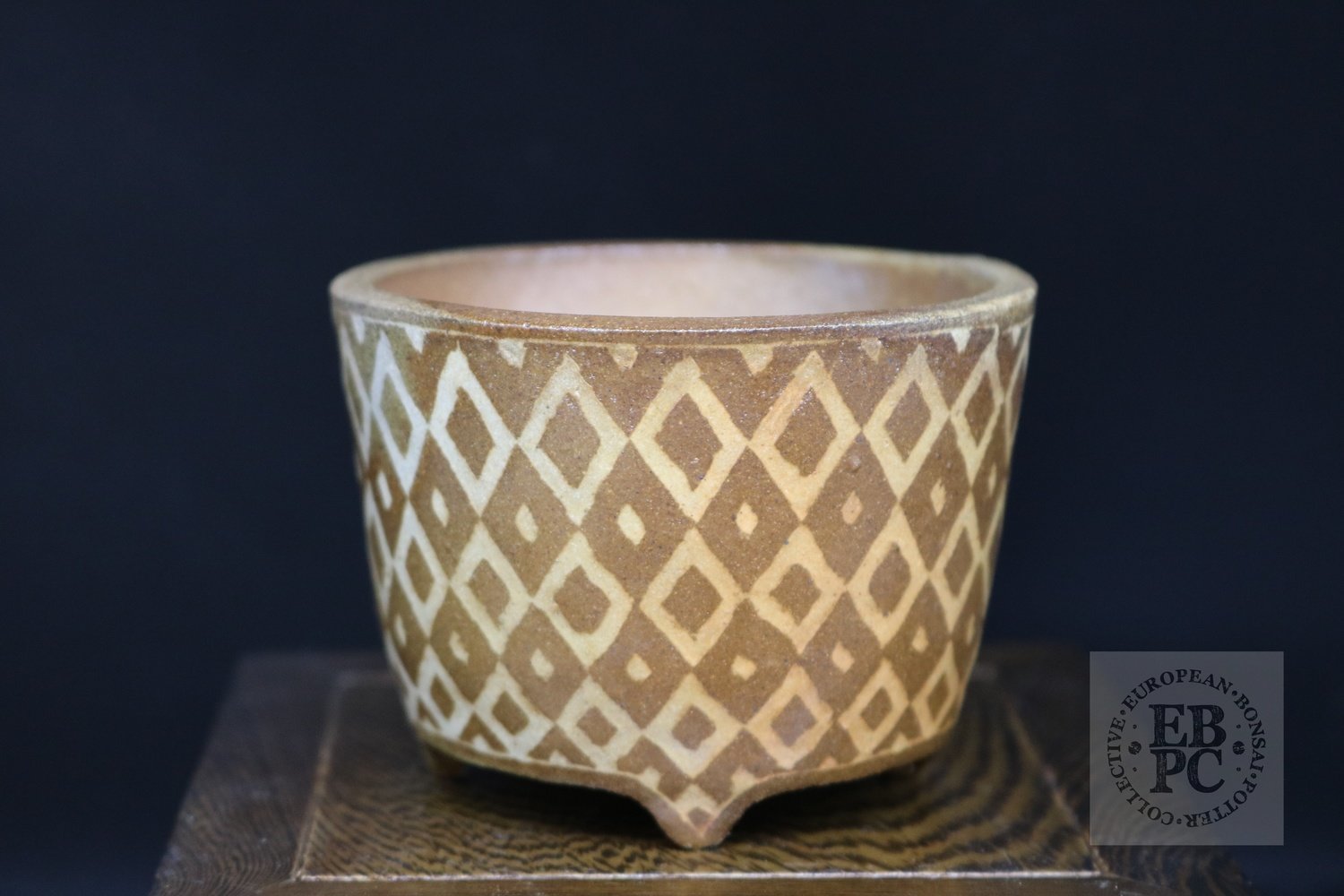 Sansai Bonsai Pots - 8.7cm; carved; unglazed; shohin; round; brown, pattern; Tom Benda