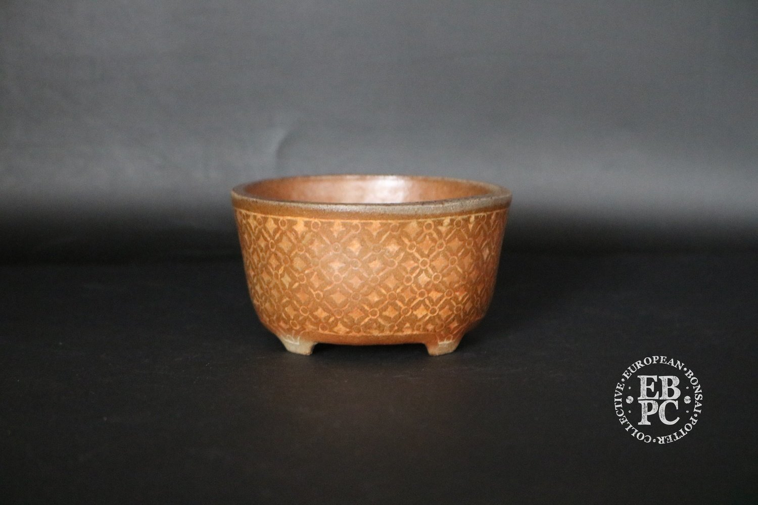 SOLD - Sansai Bonsai Pots - 9cm; Carve & Inlay technique; Unglazed; Mame; Round; Brown, 'Tattoo' design; Tom Benda