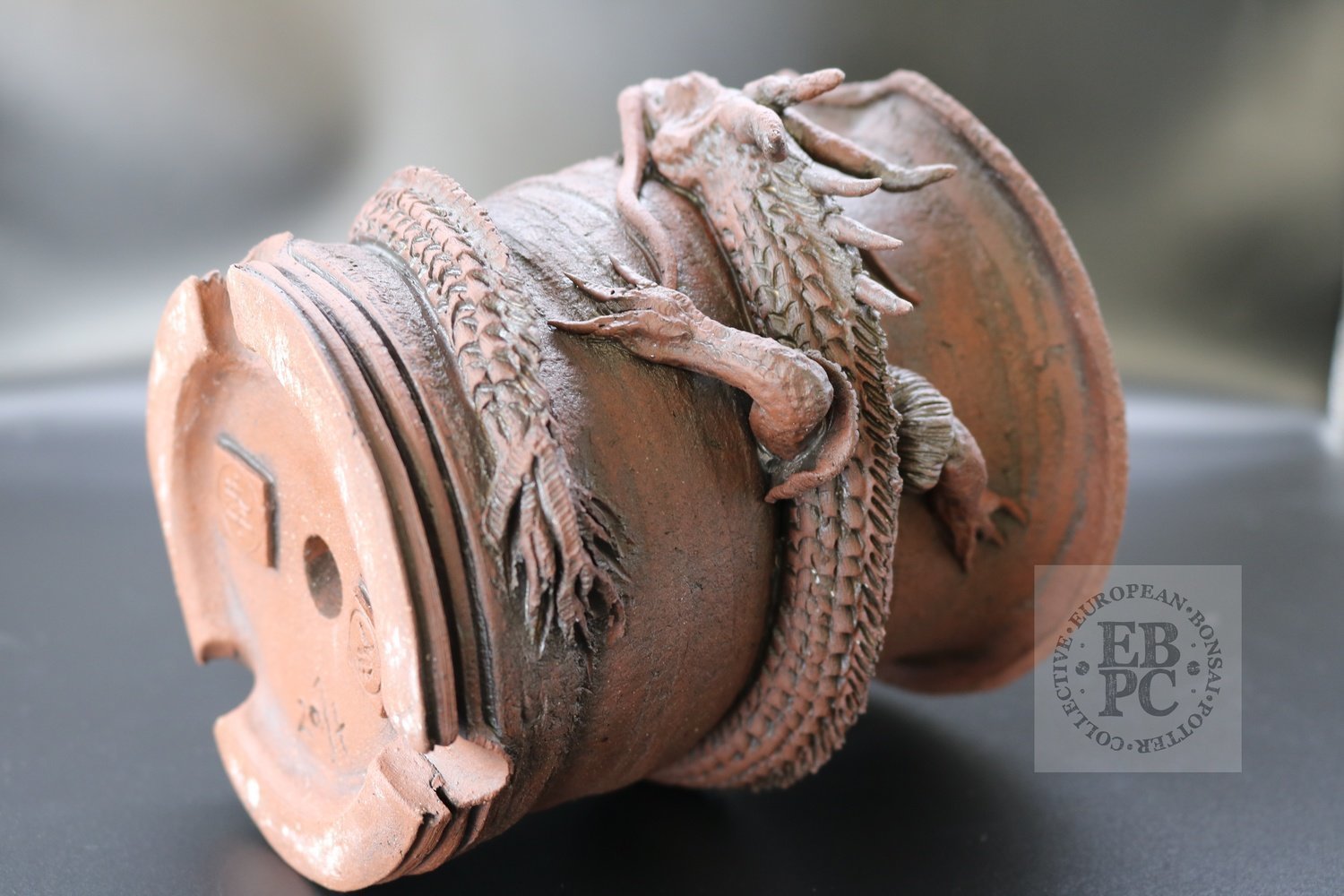 SOLD - M.B. Berenbrinker - 15.6cm; European; shohin; kifu; cascade; unglazed; brown; dragon; carved; sculpted