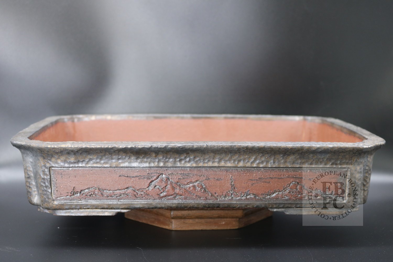 SOLD - M.B. Bonsaischalen - 32.8cm; European; rectangle; part glazed; carved; landscape,