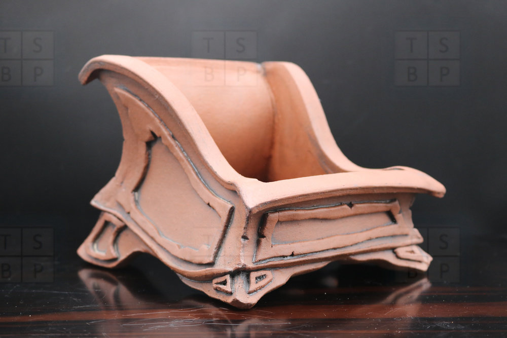 SOLD - M. B. Bonsaischalen - European; unglazed; drunken; semi cascade; brown, detailed