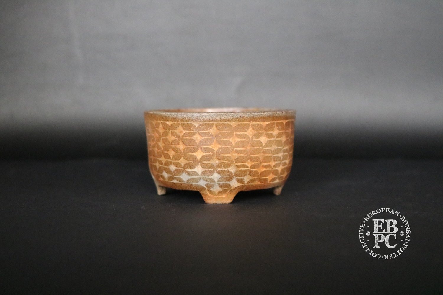 SOLD - Sansai Bonsai Pots - 7.3cm; Carve &amp; Inlay technique; Unglazed; Mame; Round; Brown, &#39;Tattoo&#39; design; Tom Benda