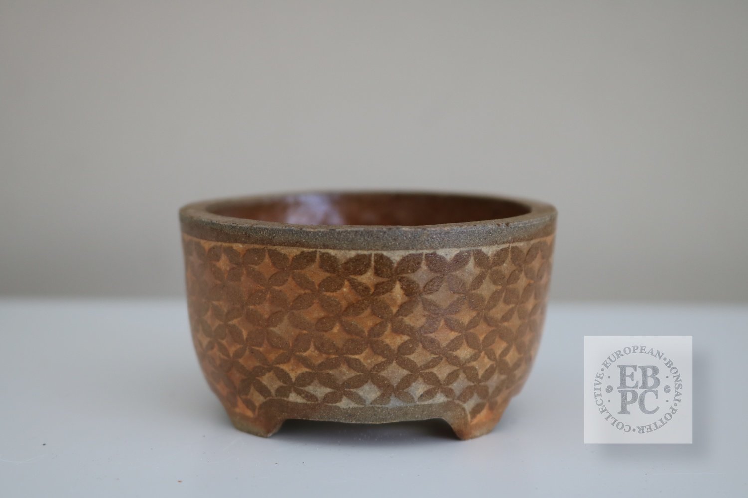 SOLD - Sansai Bonsai Pots - 7.4cm; carved; unglazed; mame; round; brown, pattern; Tom Benda