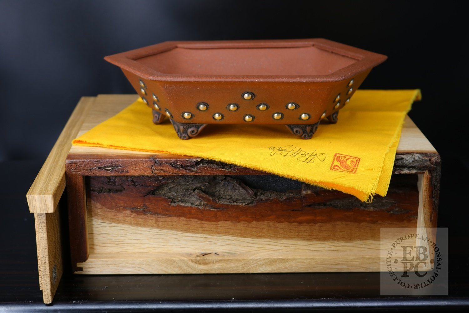 SOLD - Stone Monkey Ceramics - 22cm; unglazed; Real silver studs&#39; hexagonal &#39;rectangle&#39;; brown; chuhin