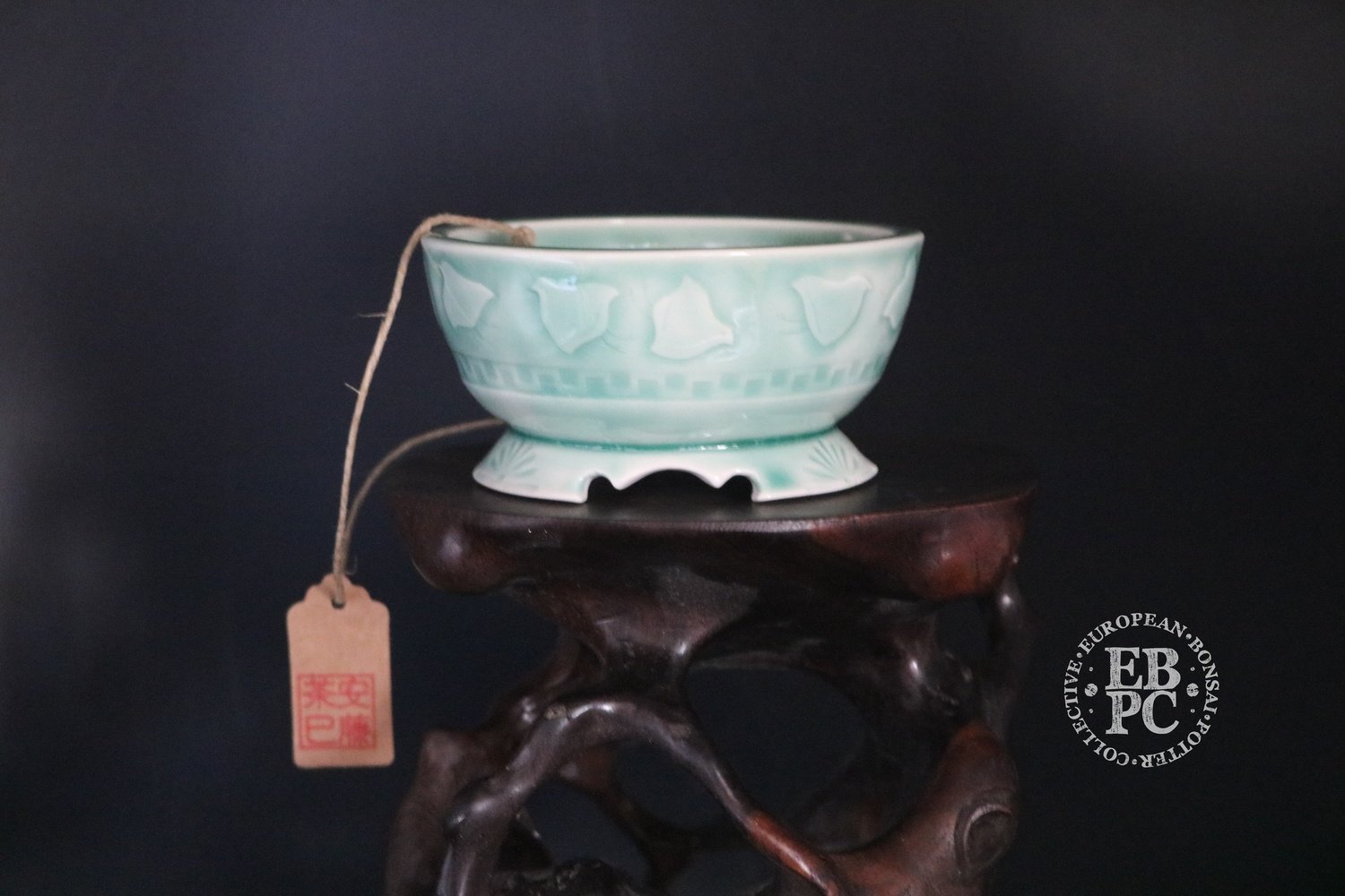 SOLD - Amdouni Bonsai Pots - 9.8cm; Carved; Chidori; Celadon; Glazed; Round; Sami Amdouni
