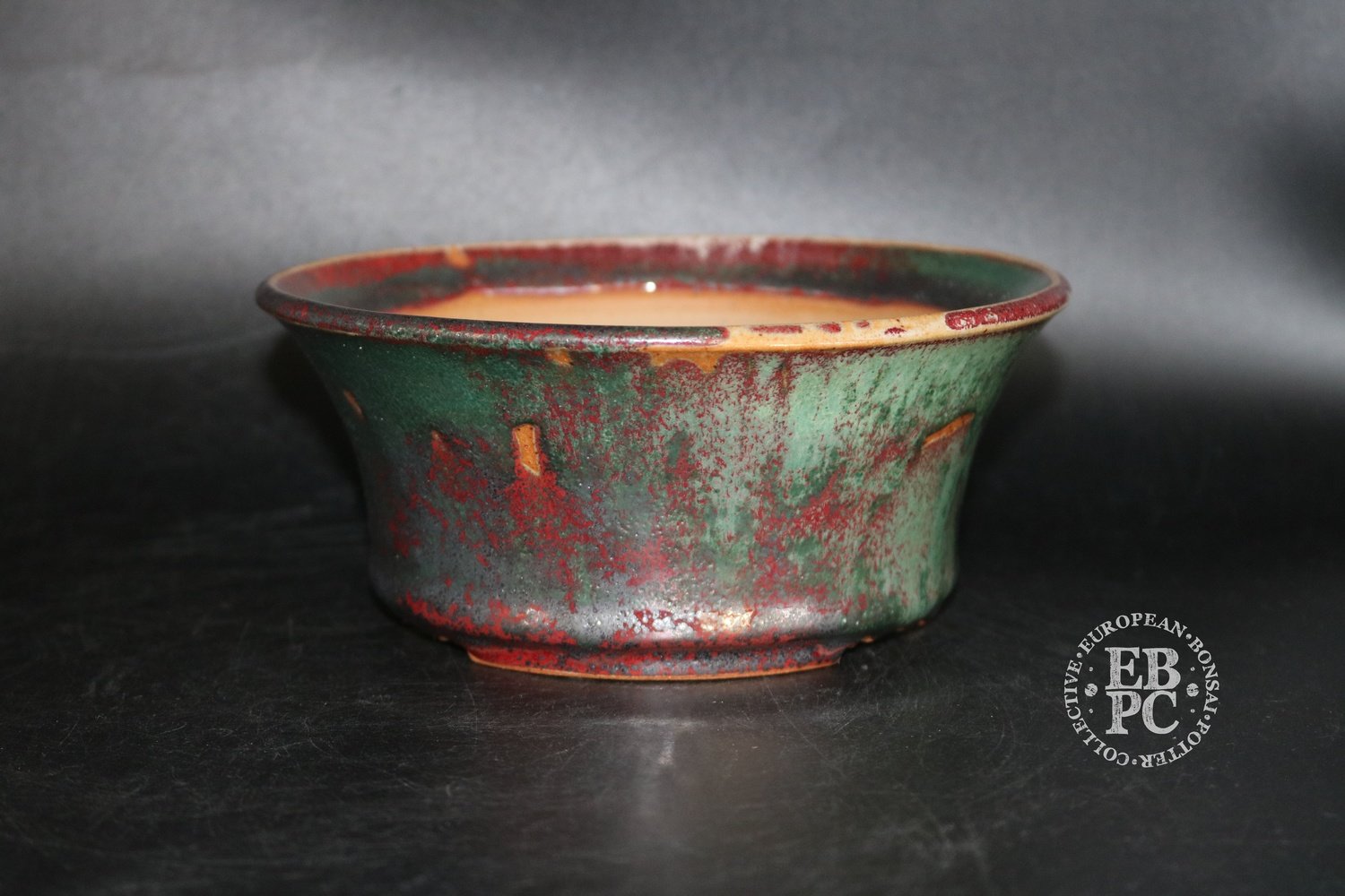 SOLD - Amdouni Bonsai Pots - 18cm; Glazed; Round; 'Sang de Boeuf' glaze; Green; Blood Red; Sami Amdouni