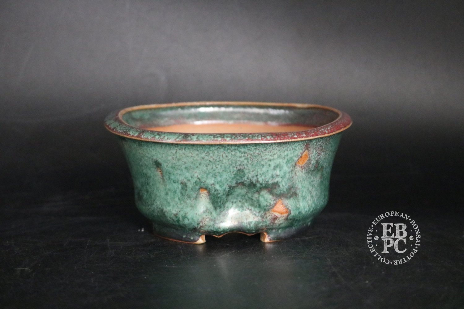 SOLD - Amdouni Bonsai Pots - 13.3cm; 'Pinched' round; Glazed; Semi cascade; Green; Blood red; Drippy glaze; Sami Amdouni