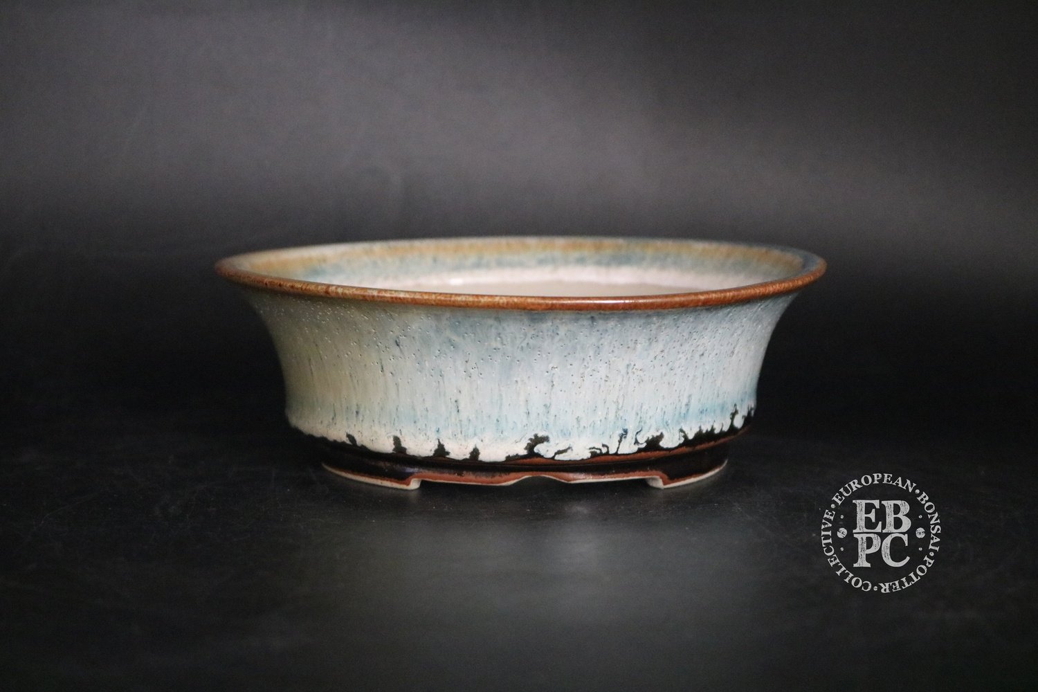 SOLD - Amdouni Bonsai Pots - 16.4cm; Glazed; Round; Semi cascade; Snow and Ice; White, Blue, Brown; Drippy glaze; Sami Amdouni