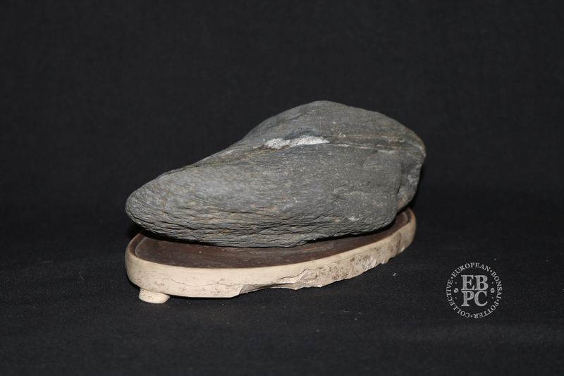 Suiseki; 19.cm; Viewing Stone; Platform Stone; Kuro-ishi; D. Grey; Ceramic Daiza Base Made By Derek Aspinall, England, Derek Aspinall's Private Collection. Daiza Damage - Selling for Derek's family.