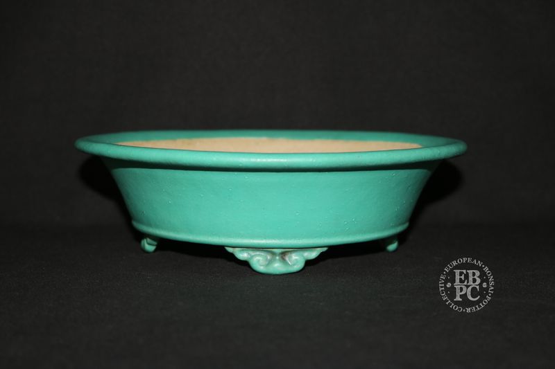 Ian Baillie - 22.3cm; Round; Flared Design; Superb Glaze; Light Green / Turquoise; Scroll Feet; Basal Band.      Made by Ian Baillie of Scotland.