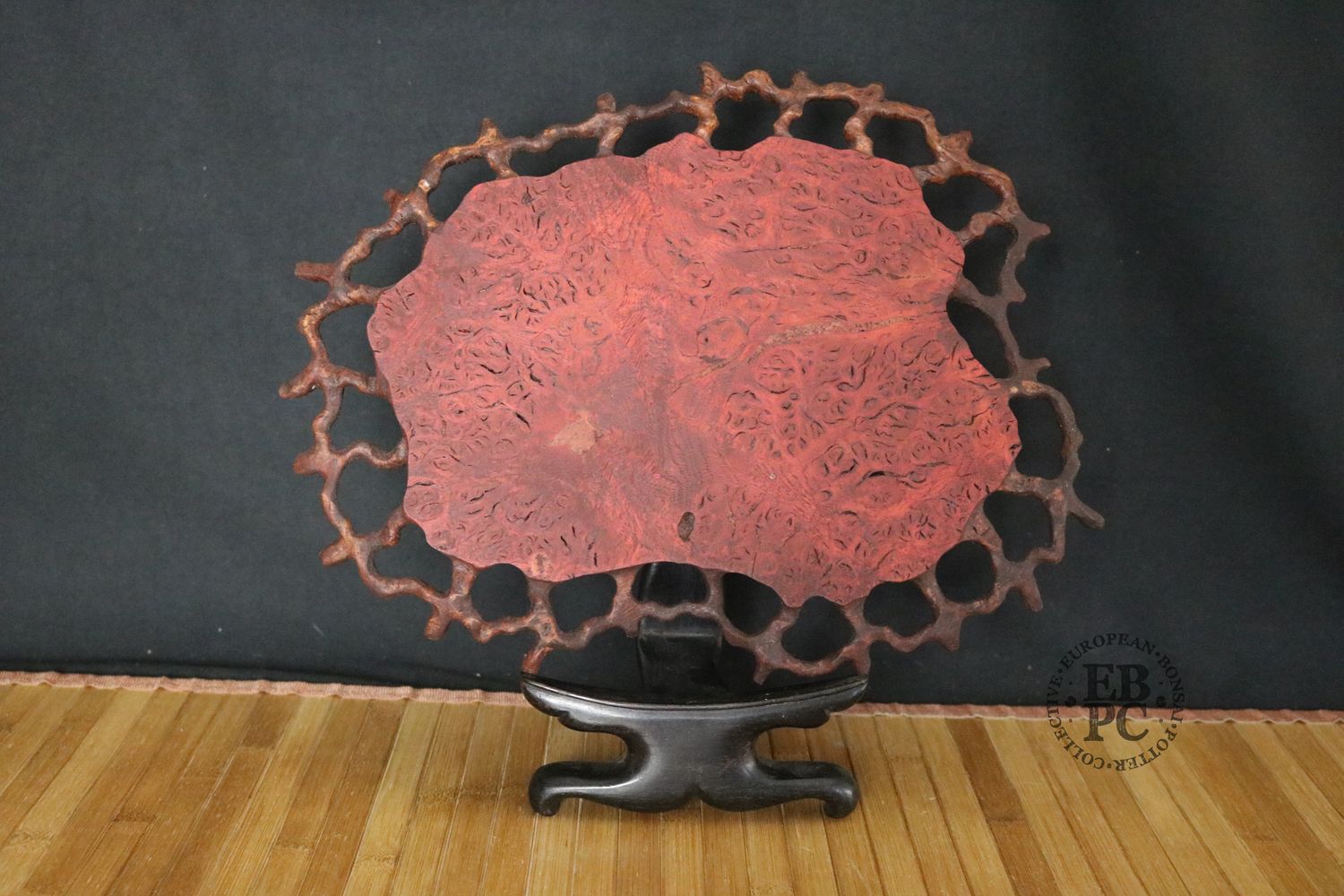 Ikigai Bonsai Stands - Jitta &amp; Netaku Fusion; Bonsai Display Plate &amp; Root Stand; 35cm; Handcrafted; Oak Burl; Refined Finish; Marked 'Ikigai'