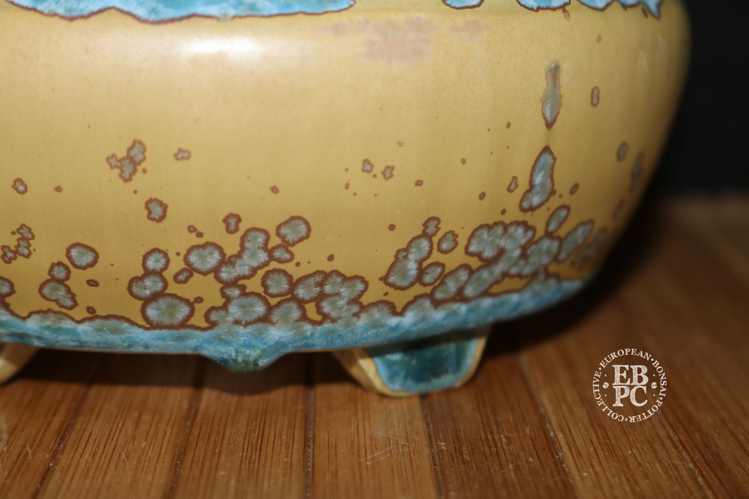 Bruno Auvinet - 16.3cm, Glazed; Bag Style Oval; Crystalline Glaze; Mustard; Blues; EBPC Stamped; Bruno Auvinet