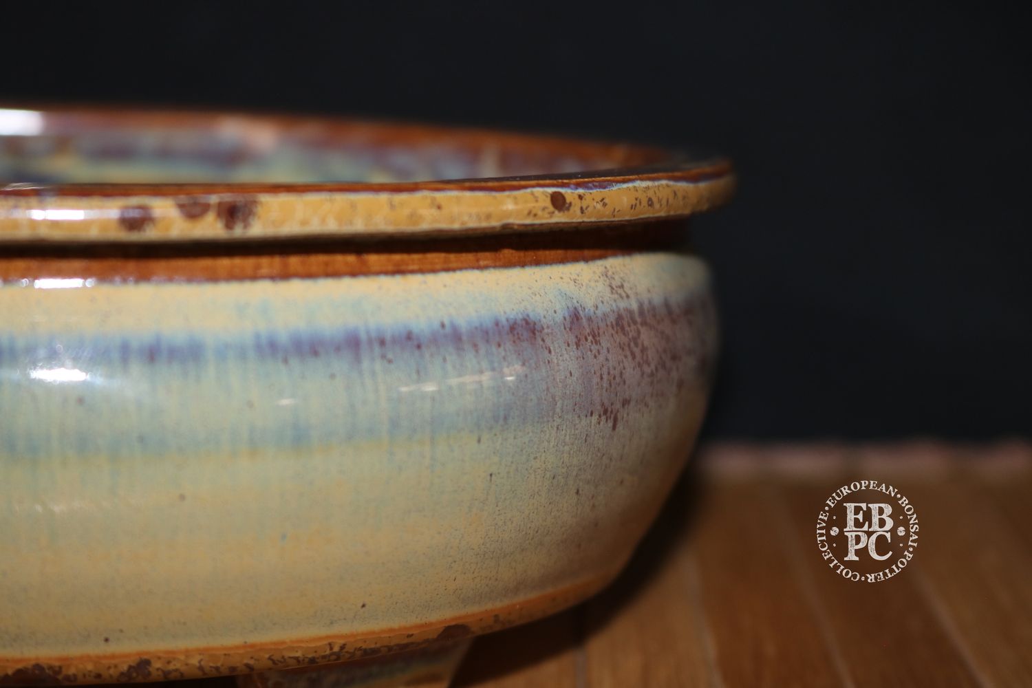 Bruno Auvinet - 18.3cm, Glazed; Bag Style Oval; Exquisite Glaze; Creamy Beige; Browns; Blues; Subtle Crystal Formations; EBPC Stamped; Bruno Auvinet