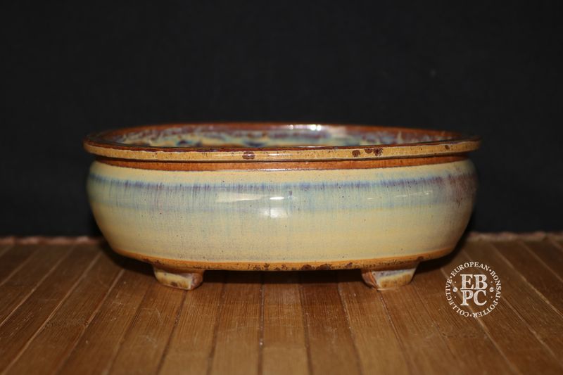 Bruno Auvinet - 18.3cm, Glazed; Bag Style Oval; Exquisite Glaze; Creamy Beige; Browns; Blues; Subtle Crystal Formations; EBPC Stamped; Bruno Auvinet