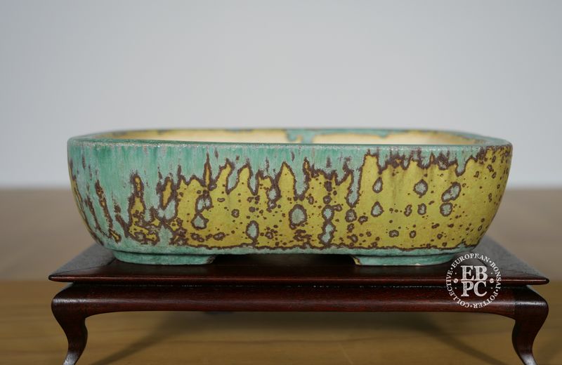 Bruno Auvinet - 19.1cm, Glazed; Rectangle; Soft Corners; Crystalline Glaze; Dark Mustard; Turquoise; EBPC Stamped; Bruno Auvinet.