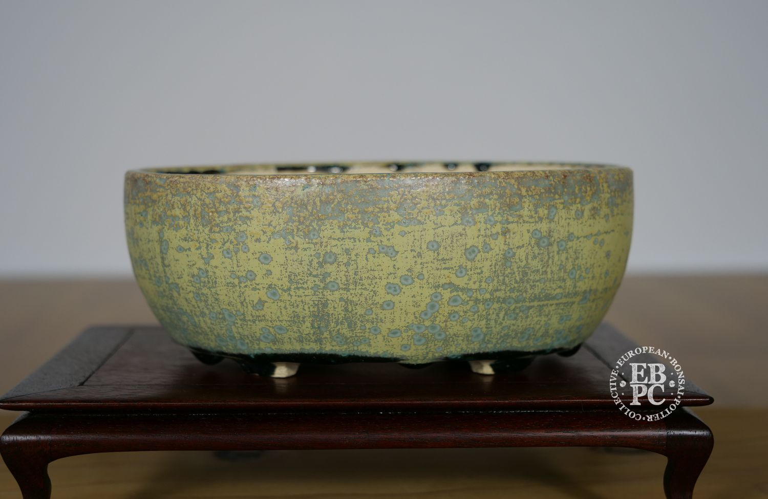 Bruno Auvinet - 16.3cm, Glazed; Bag Style Oval; Crystalline Glaze; Mustard; Blues; EBPC Stamped; Bruno Auvinet