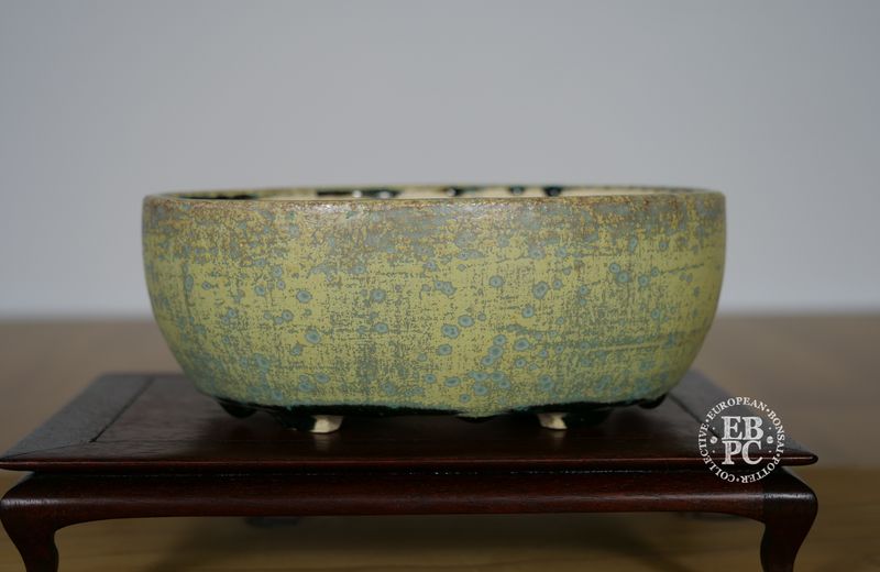 Bruno Auvinet - 16.3cm, Glazed; Bag Style Oval; Crystalline Glaze; Mustard; Blues; EBPC Stamped; Bruno Auvinet