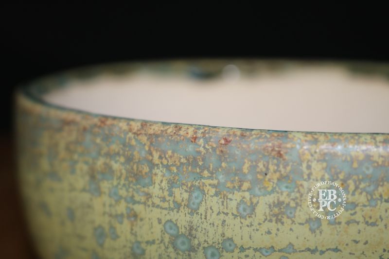 Bruno Auvinet - 16.3cm, Glazed; Bag Style Oval; Crystalline Glaze; Mustard; Blues; EBPC Stamped; Bruno Auvinet