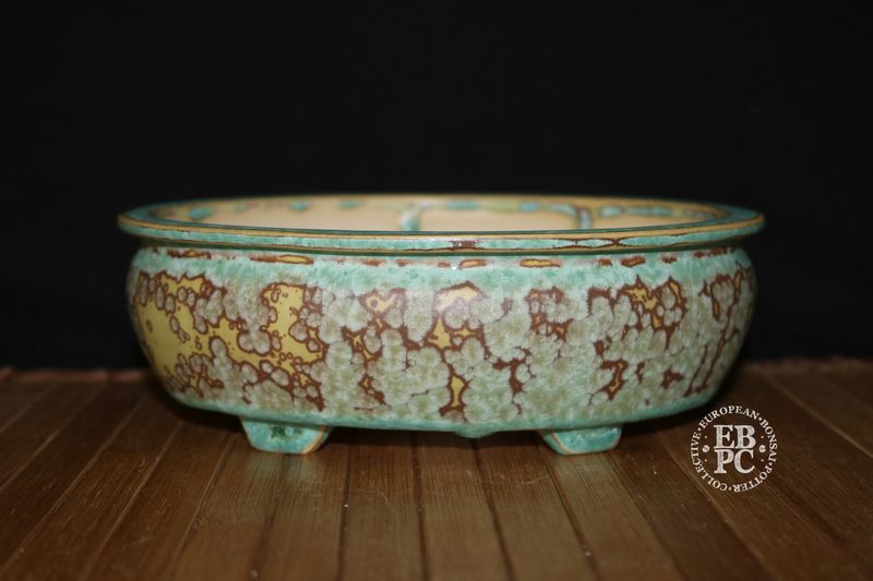 Bruno Auvinet - 18.2cm, Glazed; Bag Style Oval; Crystalline Glaze; Mustard; Ice White &amp; Turquoise Crystals; Greens; Blues; Browns; EBPC Stamped; Bruno Auvinet
