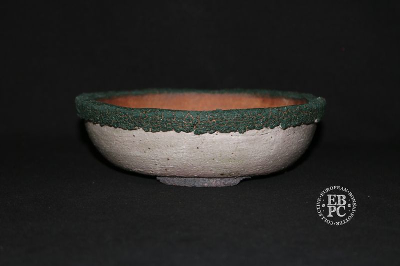 Dragonfly Bonsai Pots - 19cm; Round; Rustic; Glazed; Burnt White, Pink Blush, Brown; Green Rim; Recessed Feet; Graham Simpson