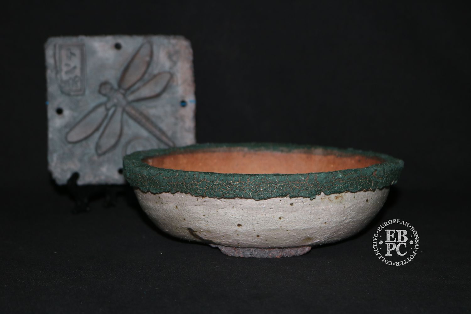 Dragonfly Bonsai Pots - 19cm; Round; Rustic; Glazed; Burnt White, Pink Blush, Brown; Green Rim; Recessed Feet; Graham Simpson