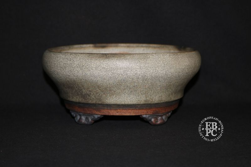 Ian Baillie - 19.5cm; Round; Elegant Design; Superb Glaze; White; Browns; Charcoal; Scroll Feet; Basal Band.                   Made by Ian Baillie of Scotland.