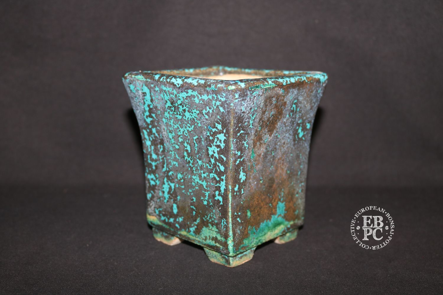 Guerao Bonsai Pots; 13.2cm (h); Glazed; Square Cascade; Turquoise: Gunmetal; Bronze; Crystalline Glaze; Guerao Pot.