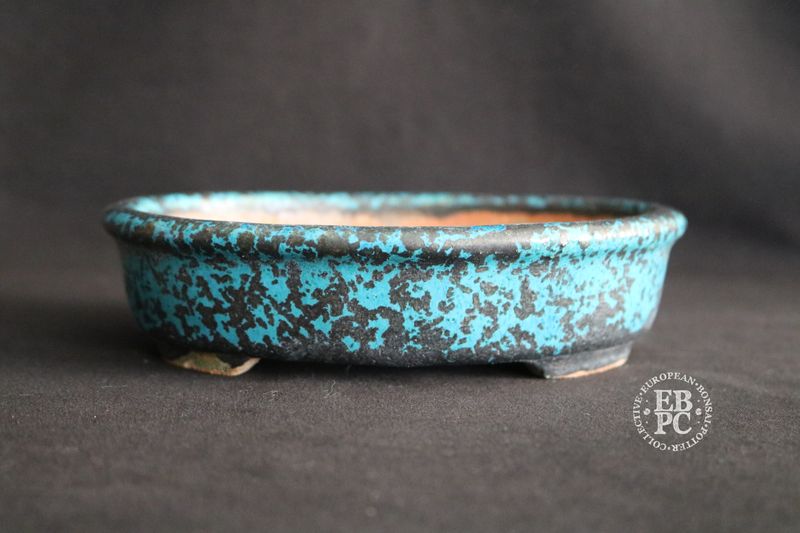Guerao Bonsai Pots; 17.1cm; Glazed; Oval: Vibrant Aqua Blue; Gunmetal Grey; Crystalline Glaze; Guerao Pot.