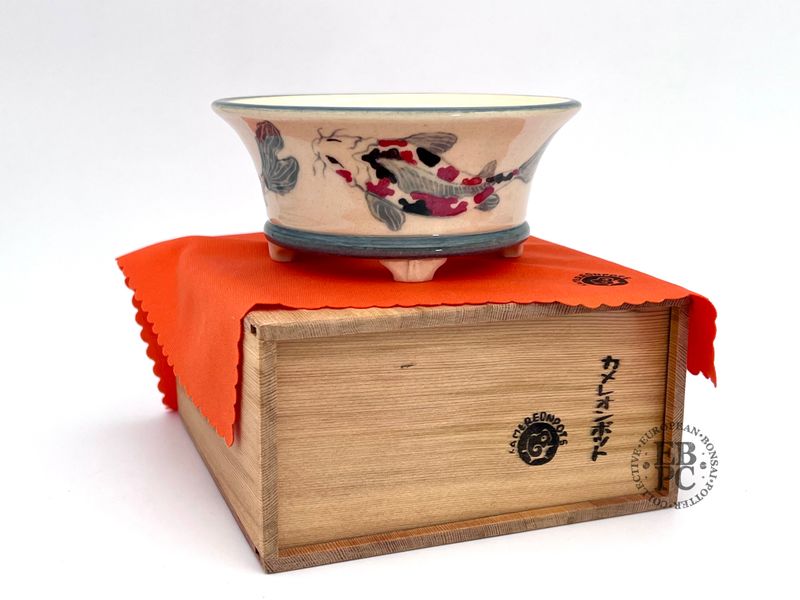 Kamereon Pots - Spain.  Stoneware; Hand Painted; Round; 13cm; Koi Carp Motif; Basal Band; EBPC Stamped.