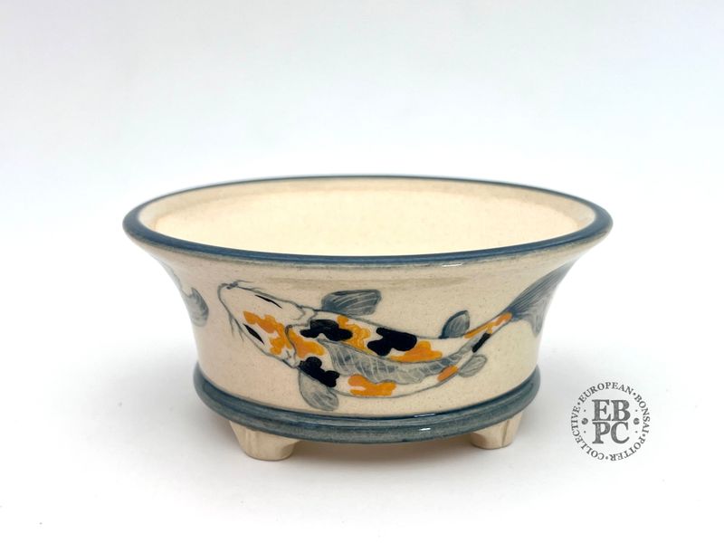 Kamereon Pots - Spain.  Stoneware; Hand Painted; Round; 13cm; Koi Carp Motif; Basal Band; EBPC Stamped.