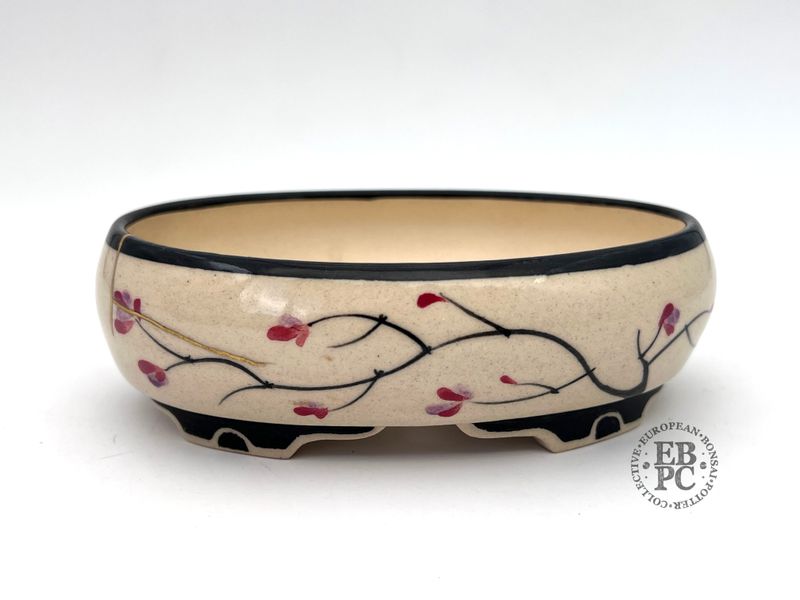 Kamereon Pots - Spain.  Stoneware; Hand Painted; Oval; 14cm; Dragonfly Motif; Kintsugi 23c Gold Repair; EBPC Stamped.