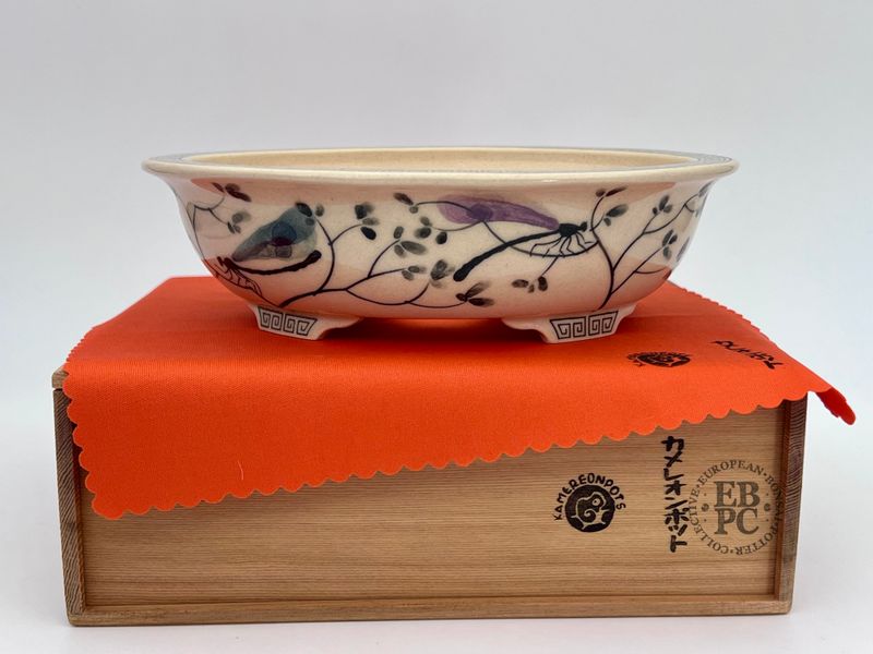 Kamereon Pots - Spain.  Stoneware; Hand Painted; Oval; 19.5cm; Dragonfly Motif; EBPC Stamped.