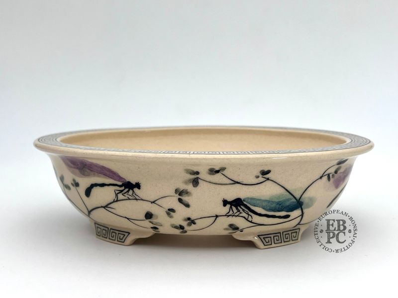 Kamereon Pots - Spain.  Stoneware; Hand Painted; Oval; 19.5cm; Dragonfly Motif; EBPC Stamped.