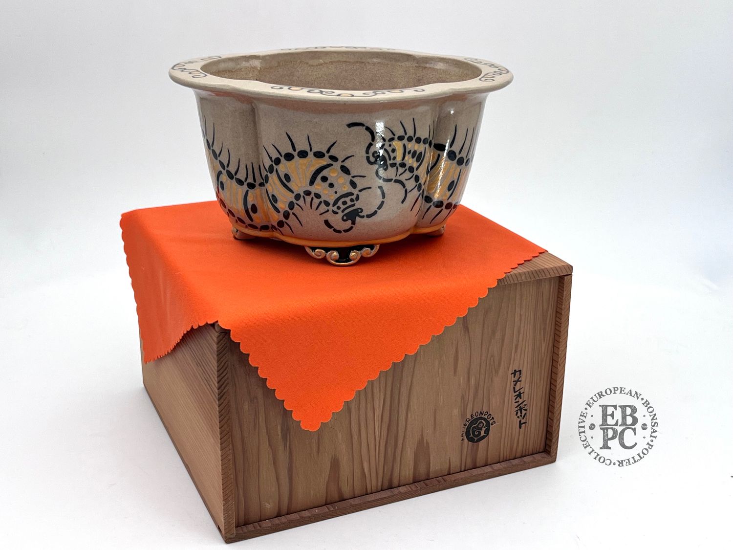 Kamereon Pots - Spain.  Stoneware; Hand Painted; Mokko; 17cm; Centipede Motif; EBPC Stamped.