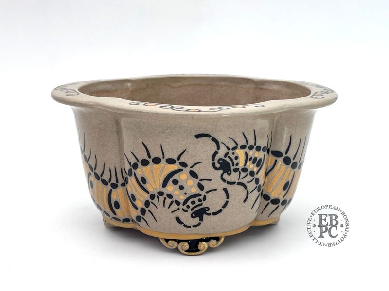 Kamereon Pots - Spain.  Stoneware; Hand Painted; Mokko; 17cm; Centipede Motif; EBPC Stamped.