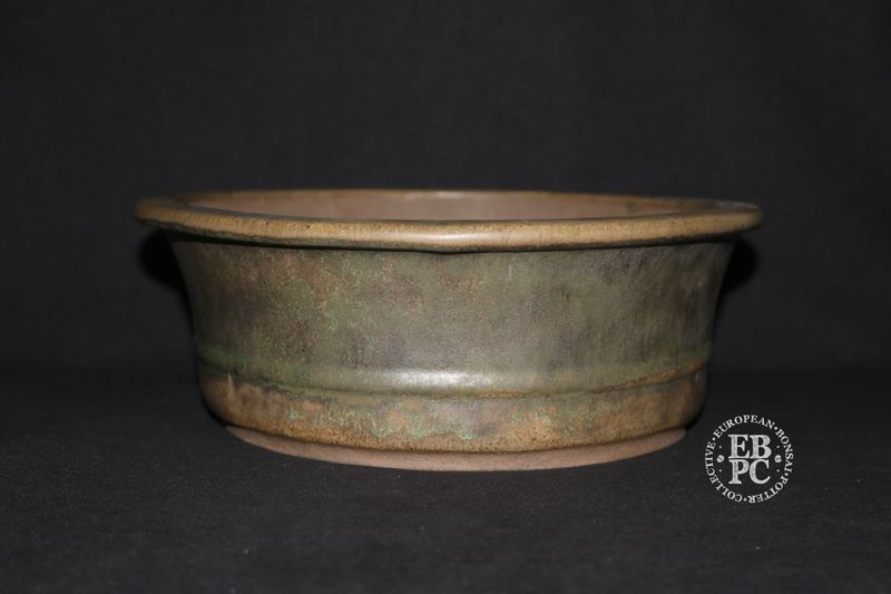 Peter Krebs, Germany.     - 2018 made -    32cm; Deeper Oval; Running Glaze; Greens &amp; Browns; Stamped By Artist.