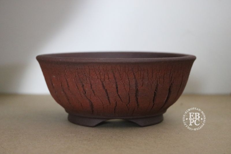 Wabi Sabi Studio - 15.5cm; Unglazed; Round; Shohin; 'Cracked' Finish; Reddish Brown Clay; Textured Finish; EBPC Stamped. (Shipped from the UK)