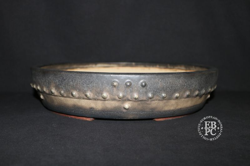 Ian Baillie - 36.5cm; Round; Drum Style; Superb Aged-looking Glaze;  Rivets/Studs; Recessed Feet; Browns;    Made by Ian Baillie of Scotland.