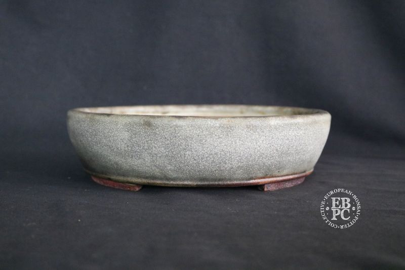 Ian Baillie - 24cm; Round; Antique Crackle Glaze; Cream; Grey; Charcoal; Basal Band.  EBPC Stamped.          Made by Ian Baillie of Scotland.