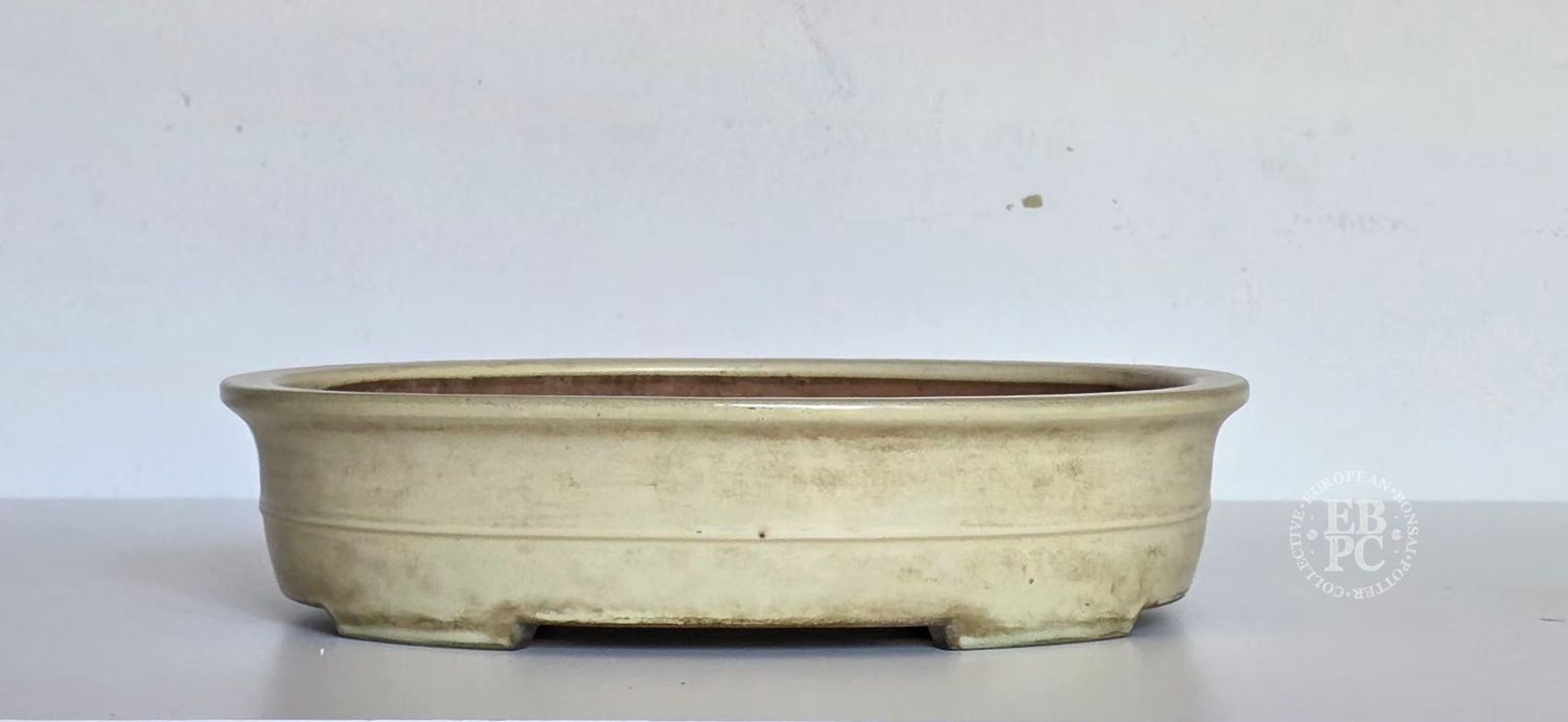 Yamafusa - Tokoname, Japan. 37cm; Oval; Deeper, Banded Design; Shiro Glaze; Patina;  EBPC-Client DIRECT: Shipped from Italy.