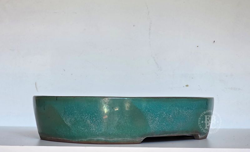 Kakuzan - Tokoname, Japan. (Master). 47cm; Oval; Crystalline Glaze; Greens & Turquoise; Integrated Feet. * EBPC-Client DIRECT: Shipped from Italy.