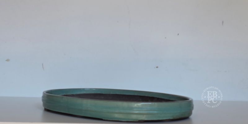 Wabachi - Japan. 57cm; XL Oval; Glazed; Greens & Aquamarine; Shallow; Banding Detail; Recessed Feet. * EBPC-Client DIRECT: Shipped from Italy.