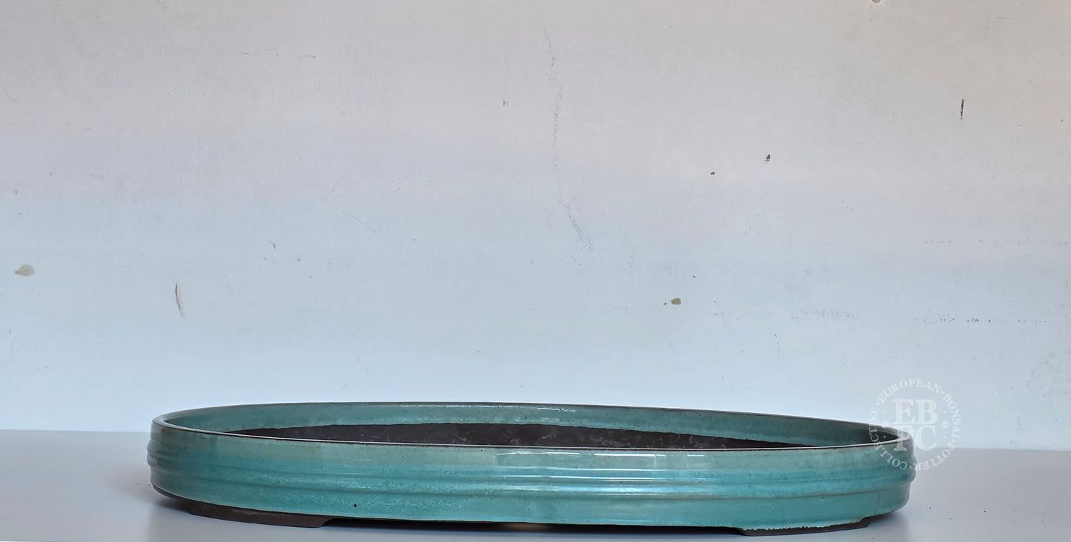 Wabachi - Japan.       57cm; XL Oval; Glazed; Greens  &amp; Aquamarine; Shallow; Banding Detail; Recessed Feet.         * EBPC-Client DIRECT: Shipped from Italy.