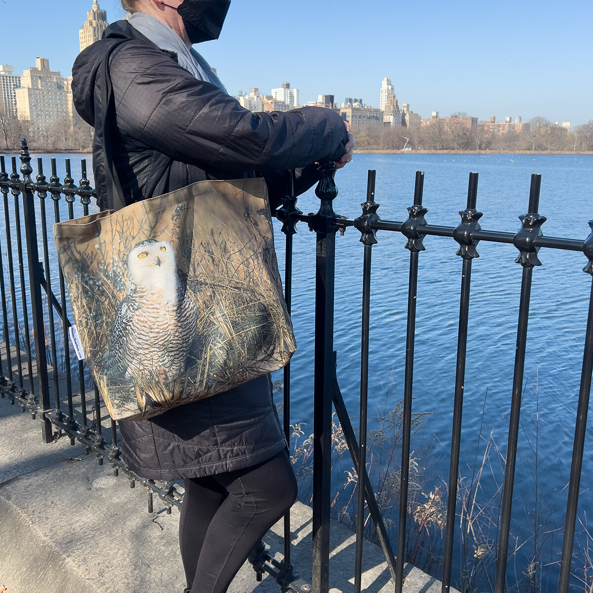 Snowy Owl Tote, New York City urban wildlife. Being worn in Central Park, NYC