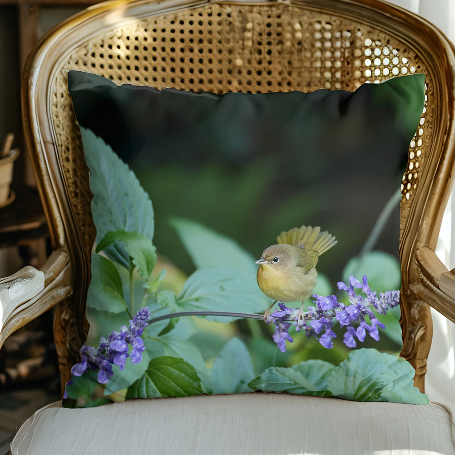 Common Yellowthroat pillow cover – Bryant Park NYC wildlife bird photography by Dennis Newsham