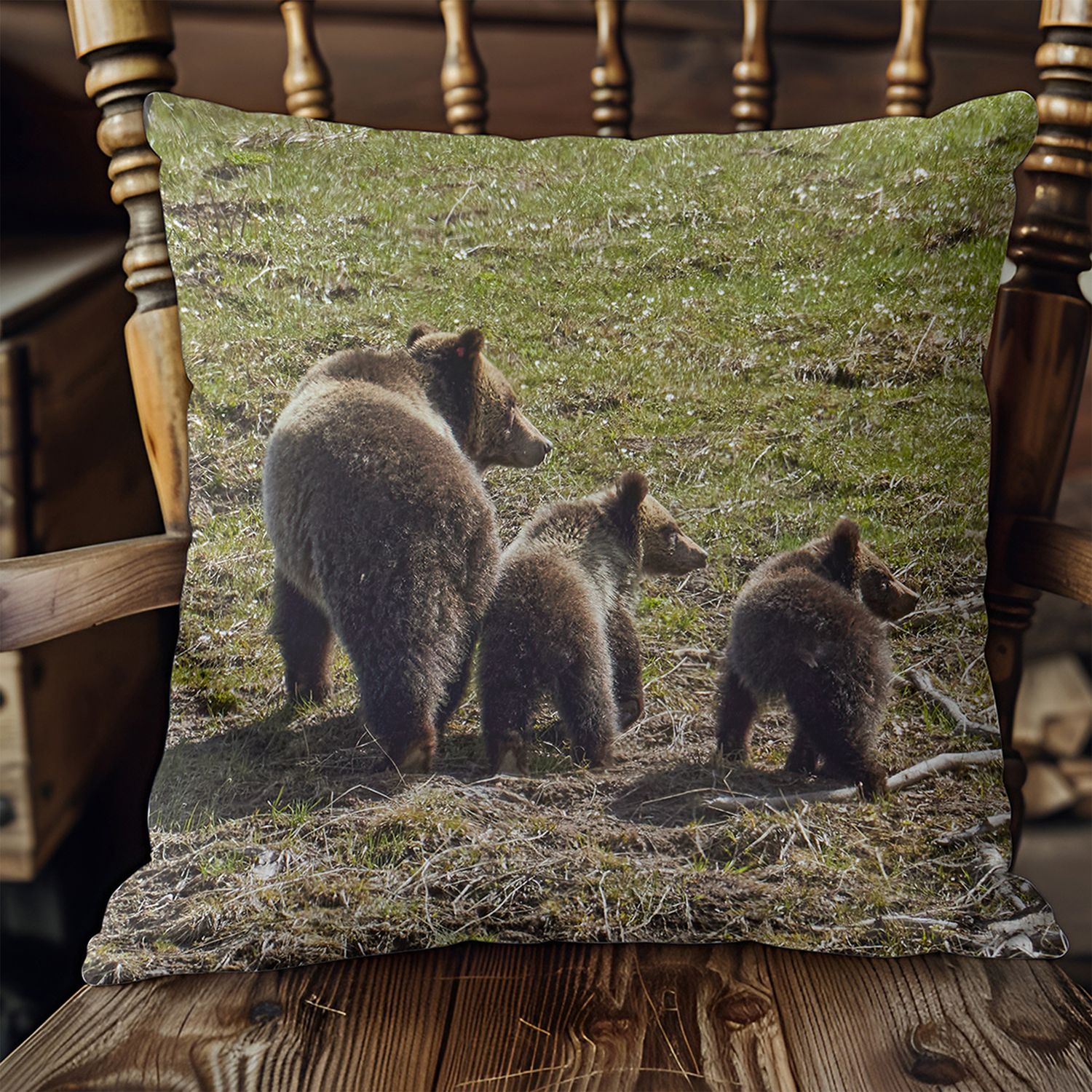 Grizzly Bear family pillow cover – mother bear with cubs, Yellowstone National Park wildlife photography by Dennis Newsham